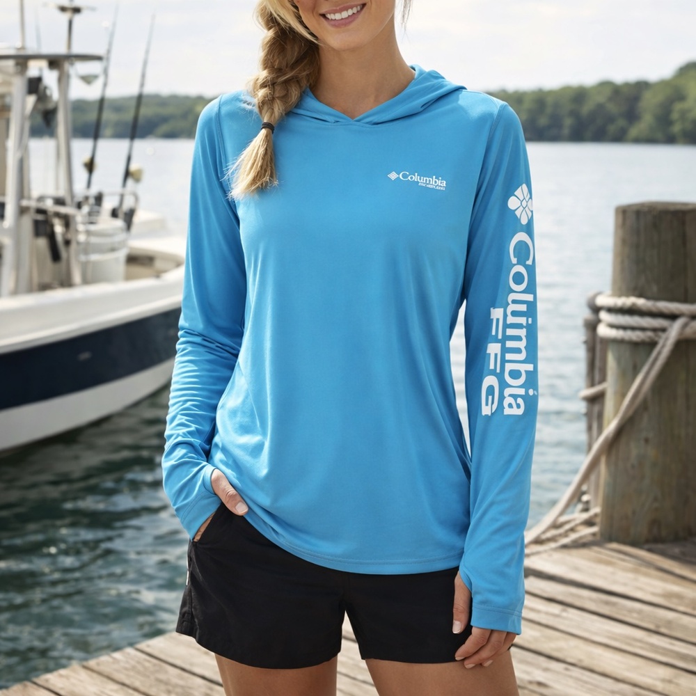 Columbia PFG Tidal Tee Hoodie Aqua Blue UPF 50 Long Sleeve Sun Shirt Fishing M